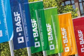 BASF-Fahnen am Standort Ludwigshafen / BASF flags at the Ludwigshafen site
