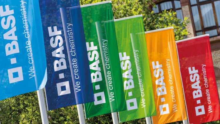 BASF-Fahnen am Standort Ludwigshafen / BASF flags at the Ludwigshafen site